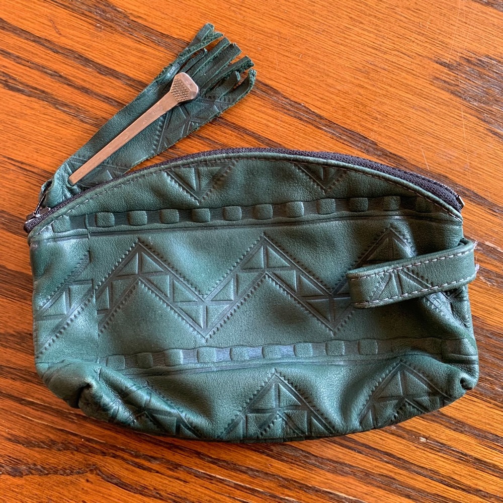 Vintage Green Leather Tooled Aztec Geometric Pouch Tassel Zipper
